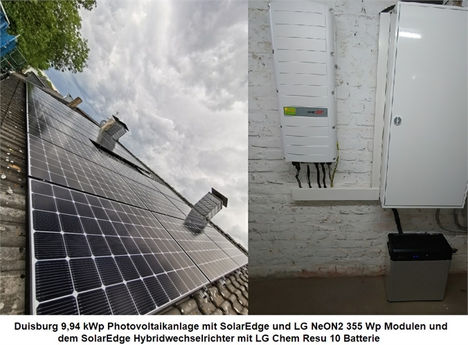 Duisburg 9,94 kWp Solaranlage mit SolarEdge und dem LG Resu 10